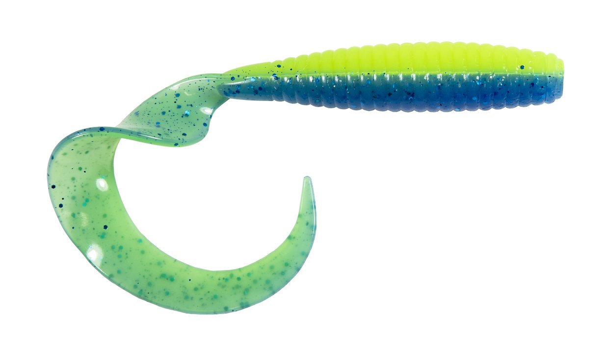 Curl Tail Grub or curl tail jig fishing bait blue green and neon yellow