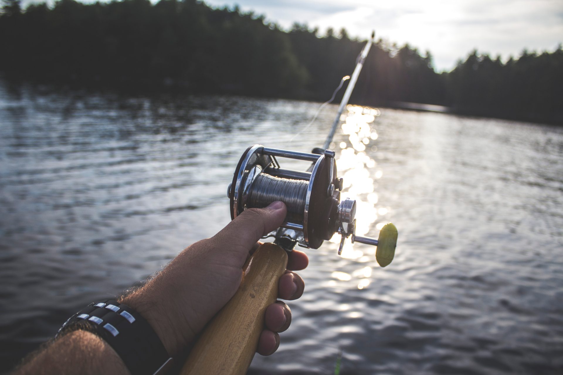 Fishing rod with spinning reel casted into body of water