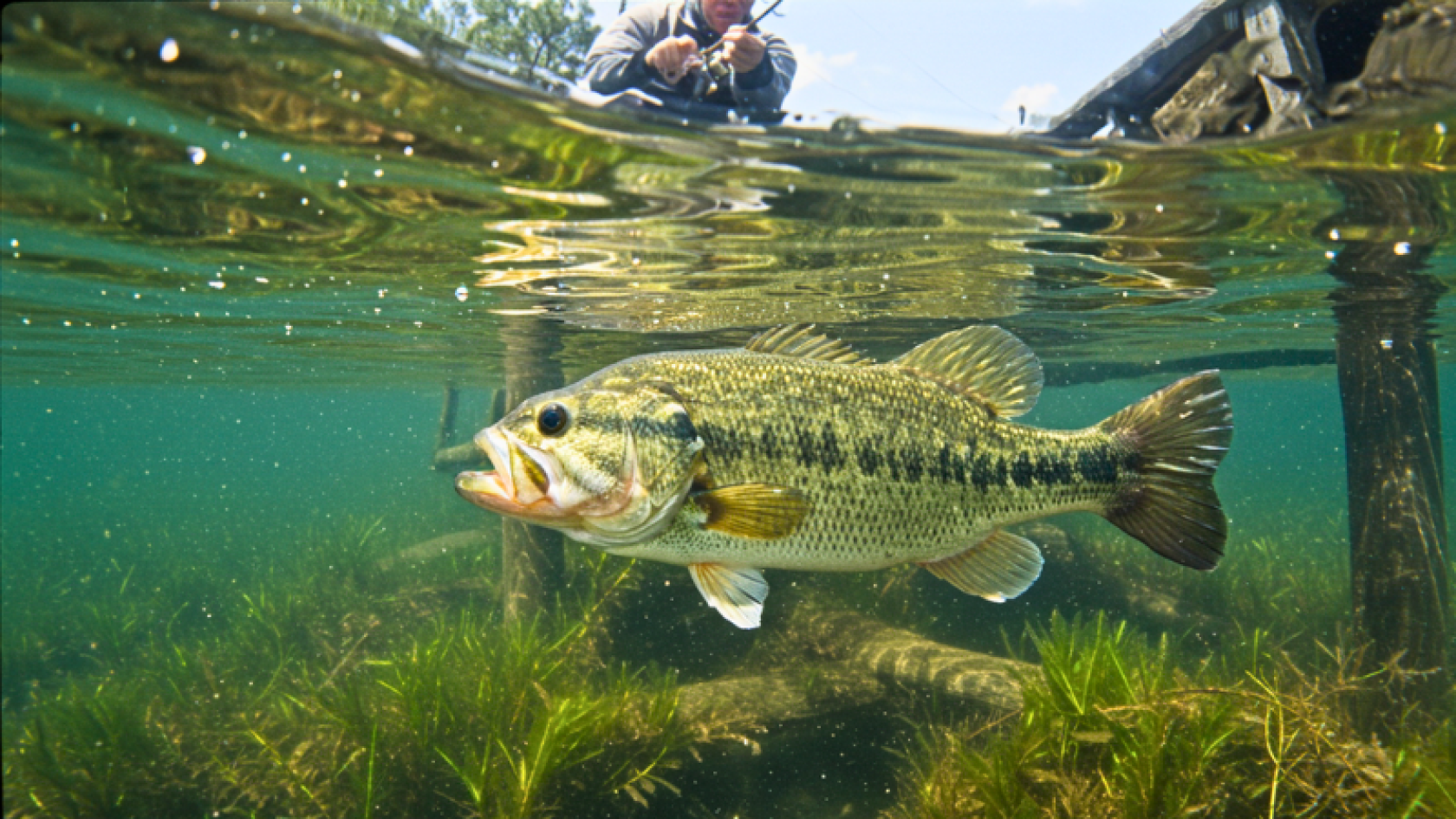 angler-standing-on-a-bank-fishing-looking-at-a-largemouth-bass-in-the-water