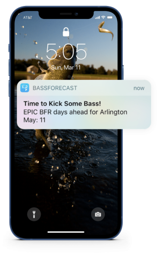 BassForecast app displaying on iOS device with a sample of an app notification message