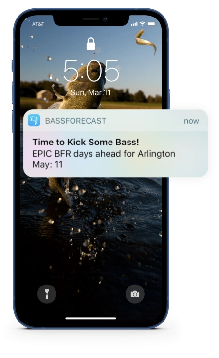 BassForecast app displaying on iOS device with a sample of an app notification message