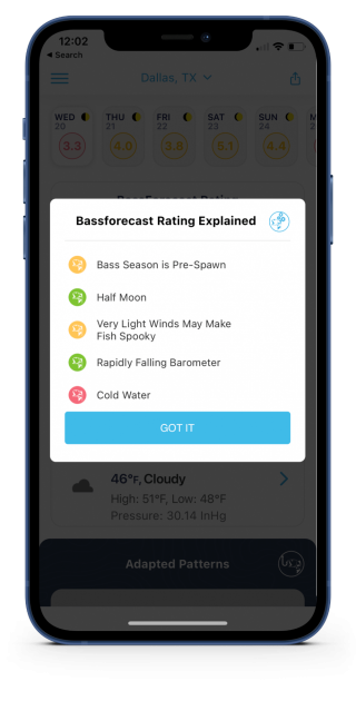 BassForecast app displaying on iOS device showing BassForecast Rating Explained details