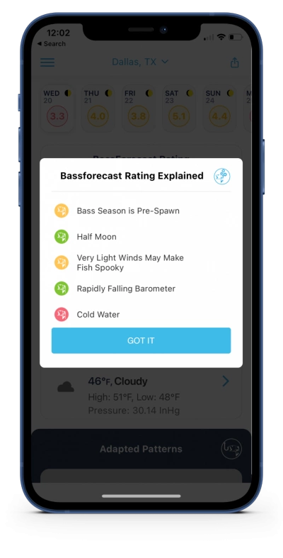 BassForecast app displaying on iOS device showing BassForecast Rating Explained details