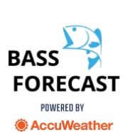 BassForecast logo in black text with cyan fish illustration paired with orange AccuWeather logo
