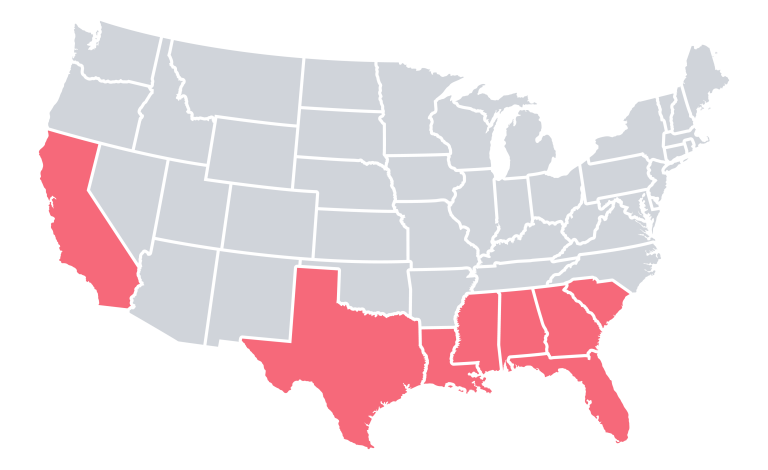 Map of United States with California Texas Louisiana Mississippi Alabama Georgia Florida South Carolina highlighted red