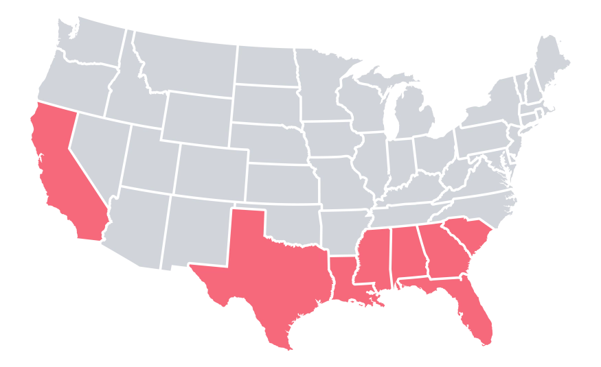 Map of United States with California Texas Louisiana Mississippi Alabama Georgia Florida South Carolina highlighted red