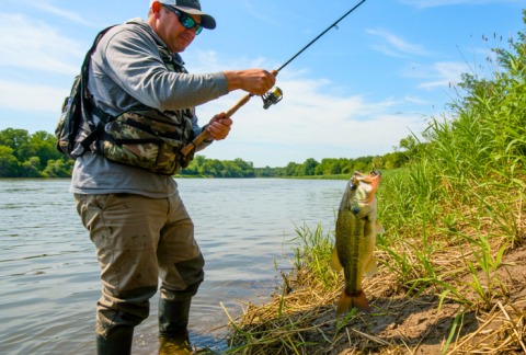 An angler river fishing and catching a largemouth bass