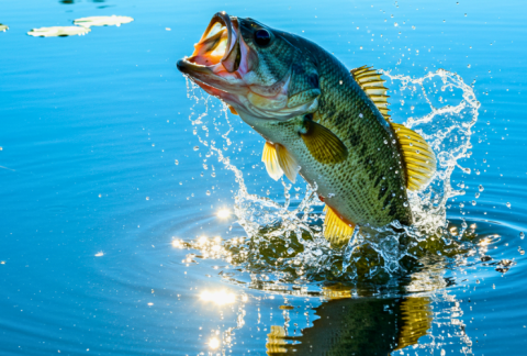 Largemouth bass jumping out of lake in Florida